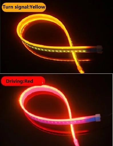 صورة لإضاءة LED طولية مرنة (صفائح)، باللون الأصفر والأحمر، توضح أوضاع الإشارة والقيادة.
