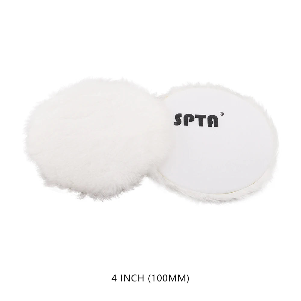 A white, fluffy wool polishing pad with the SPTA logo on a circular white backing.