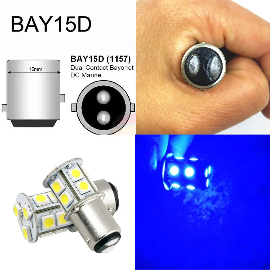 Primer plano de una bombilla de bayoneta doble BAY15D con LED y su instalación en un dedo.