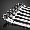 A close-up view of a set of flexible pivoting head ratchet wrenches with vanadium steel box ends.