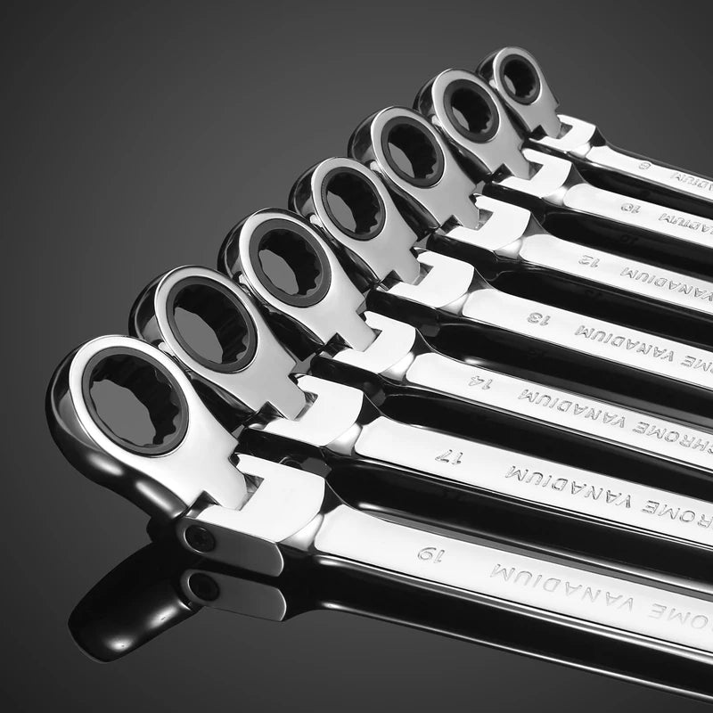 A close-up view of a set of flexible pivoting head ratchet wrenches with vanadium steel box ends.