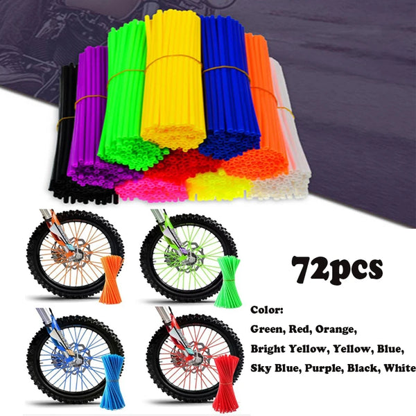 Colorful spoke wrap kit featuring various colors like orange, green, yellow, blue, and purple on motorcycle wheel rims.