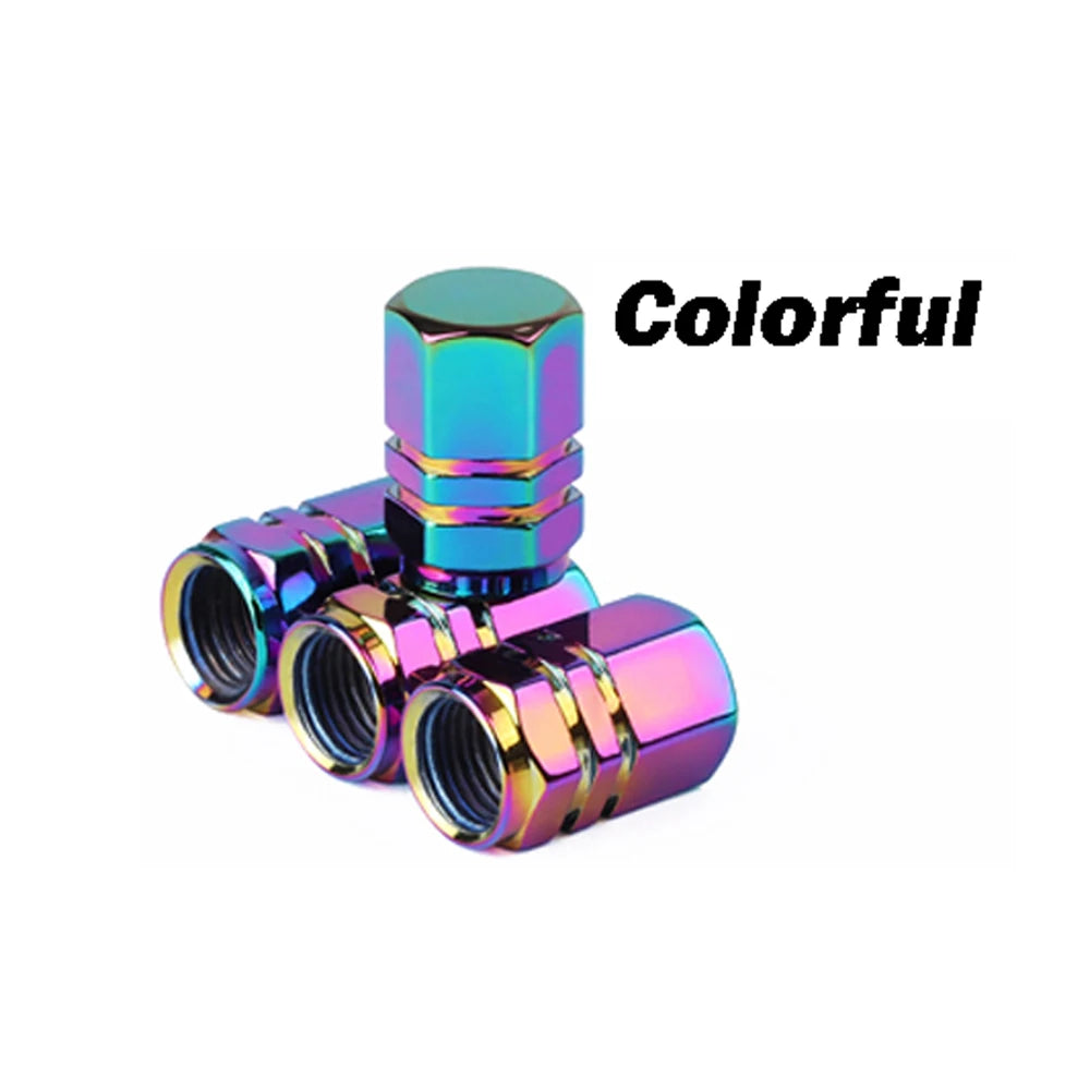 Tapones de válvulas de llanta de aluminio duraderos en varios colores metálicos iridiscentes.