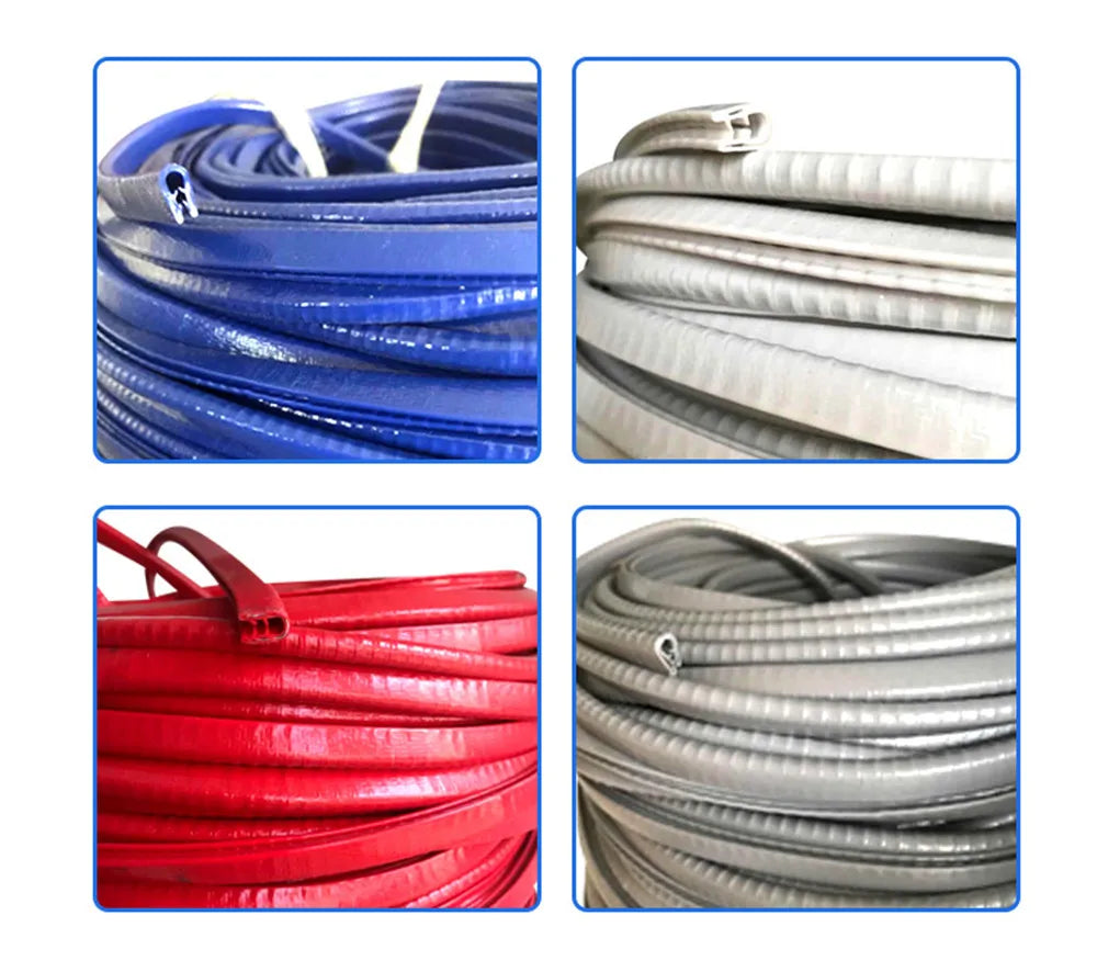 Rolls of car door edge protector trim in blue, white, red, and gray.