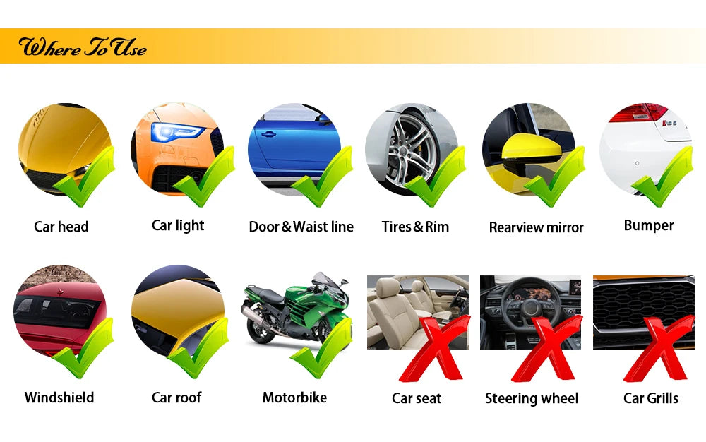 A collection of vinyl decals showing where to use them on a car, including headlights, doors, tires, mirrors, and bumpers.