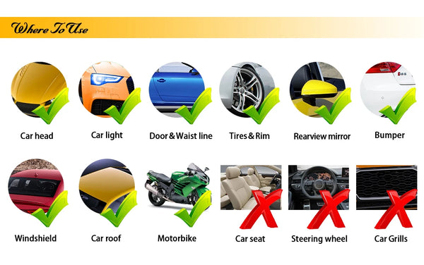 A collection of vinyl decals showing where to use them on a car, including headlights, doors, tires, mirrors, and bumpers.