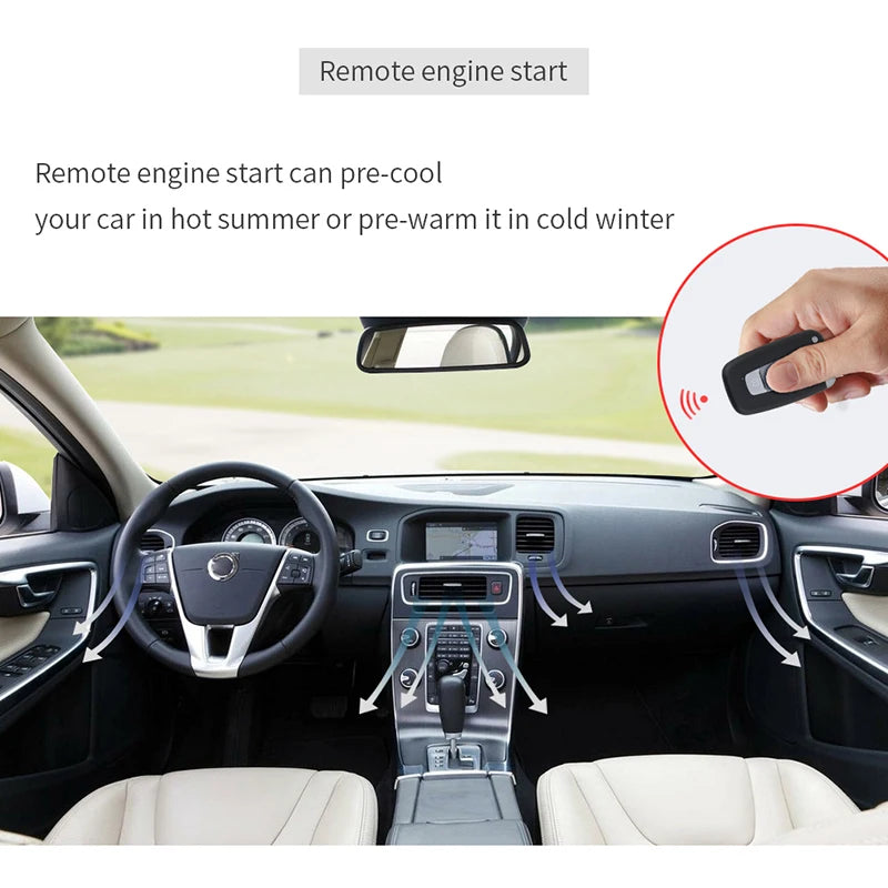 Interior view of a car showing the remote engine start system and keyless entry features.