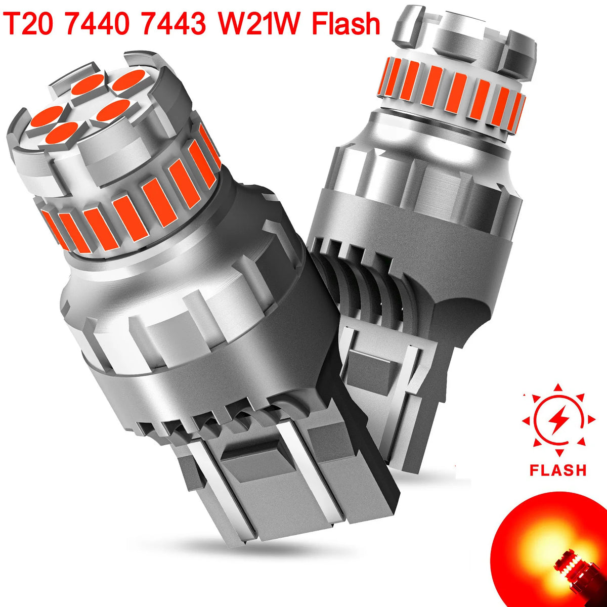 Silver LED flash brake light bulbs with dual socket compatibility and an orange light effect.