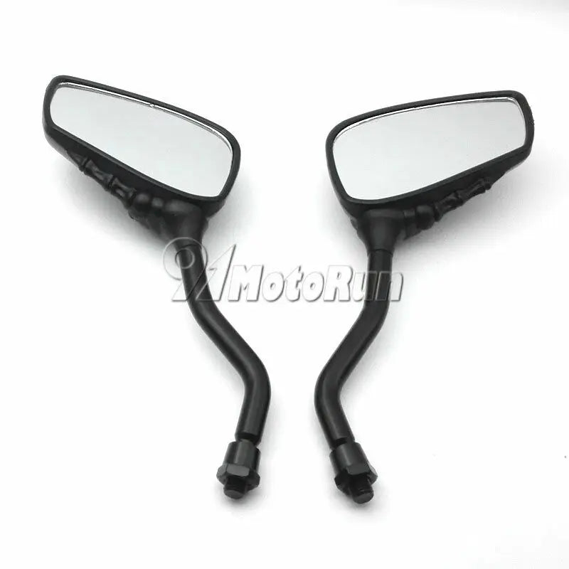 A pair of black universal skull hand motorcycle side mirrors with reflective glass.