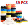 A set of 39 colored foam polishing sponges and applicators for car waxing and sealing.