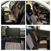 A set of universal car seat covers in black and gray patterned fabric shown in various angles inside a vehicle.