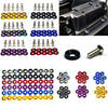 A collection of anodized aluminum fender and bumper hardware including various sized bolts, studs, and mounting components.