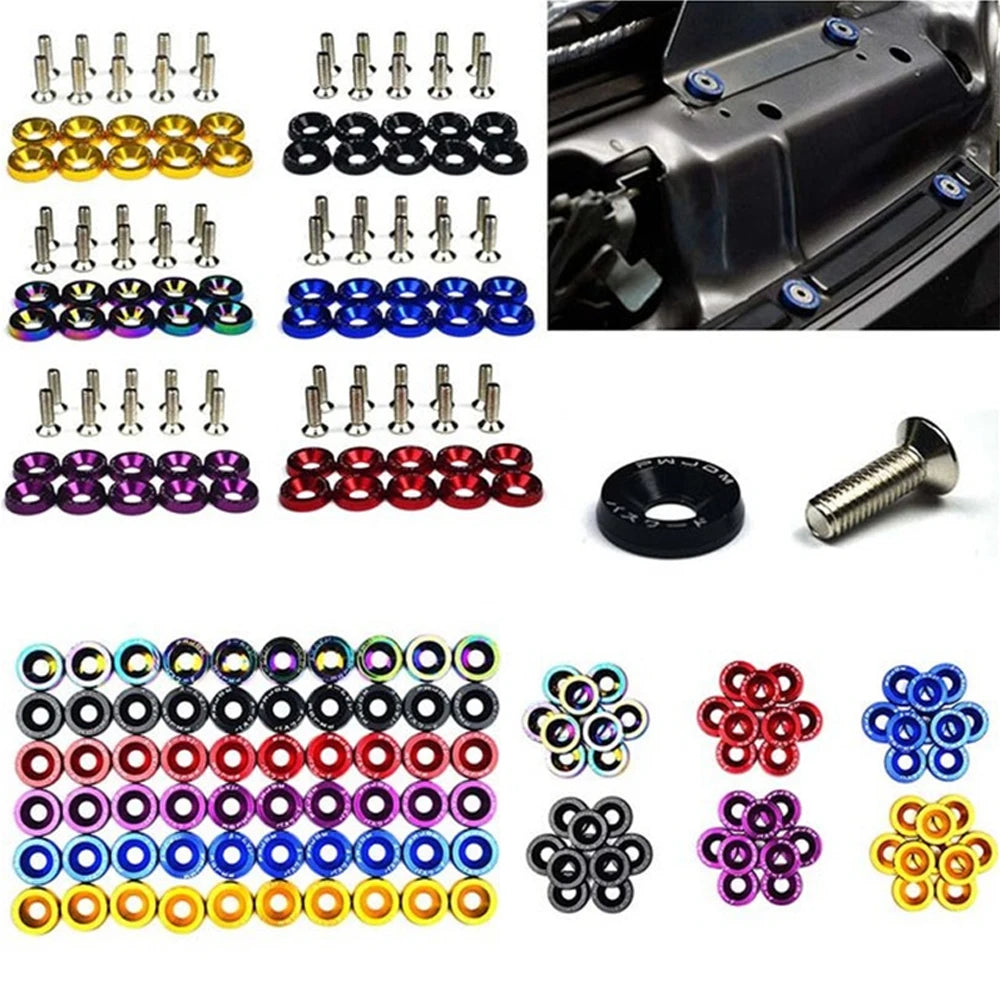 A collection of anodized aluminum fender and bumper hardware including various sized bolts, studs, and mounting components.