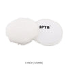 A white, fluffy wool polishing pad with the SPTA logo on the side.