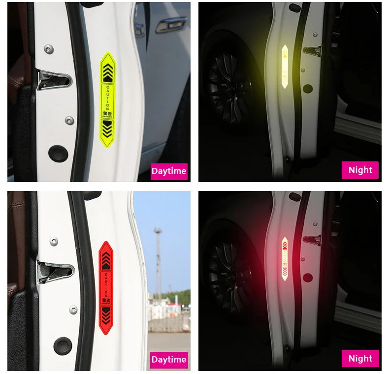 Comparaison des vues de jour et de nuit des autocollants de sécurité réfléchissants universels sur un véhicule.