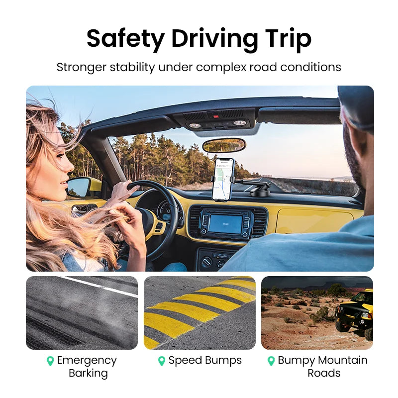 Une femme conduit une voiture jaune, utilisant un support Gravity Car pour téléphones mobiles sur le tableau de bord.
