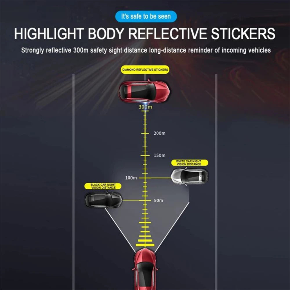 Highlight body reflective stickers demonstrating safety visibility distances on a car