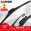 A set of heavy-duty rubber winter wiper blades for various vehicle sizes, shown against a snowy background.