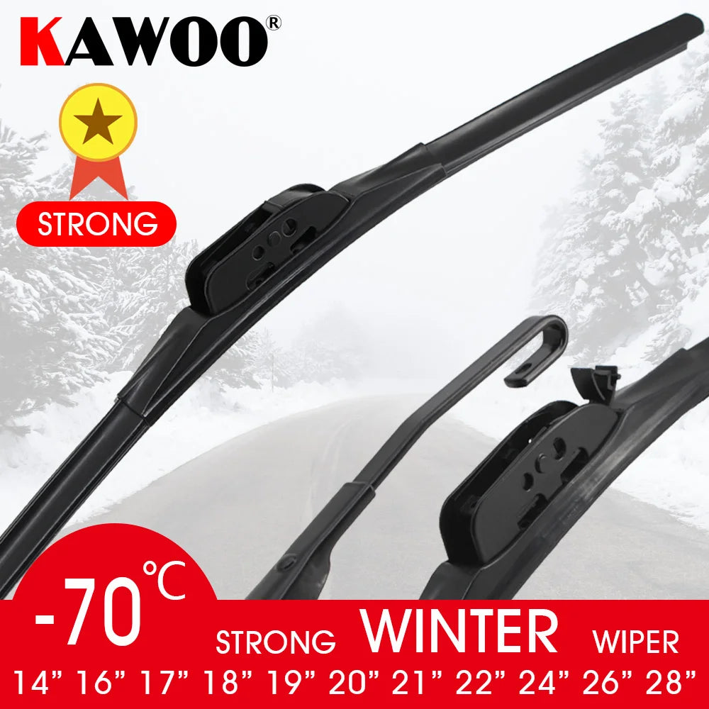 A set of heavy-duty rubber winter wiper blades for various vehicle sizes, shown against a snowy background.