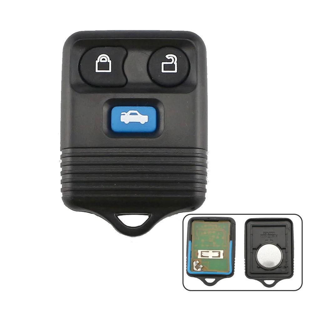 A black universal remote car key with a blue car symbol and lock icons, shown next to its disassembled components.