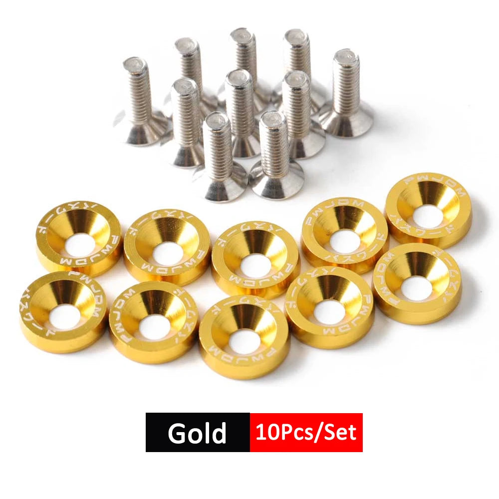 A set of 10 gold anodized aluminum fender and bumper hardware screws.