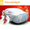White fire retardant car cover protecting a vehicle, with a close-up of the material texture.