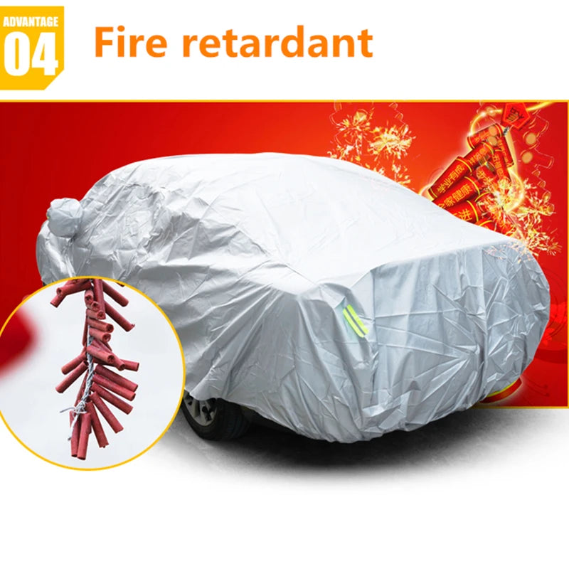 White fire retardant car cover protecting a vehicle, with a close-up of the material texture.