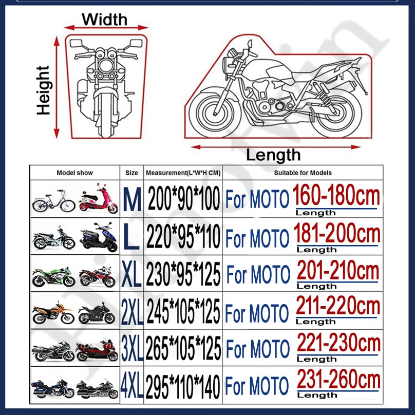 A chart showing various sizes of motorcycle protective covers with corresponding length measurements for different models.
