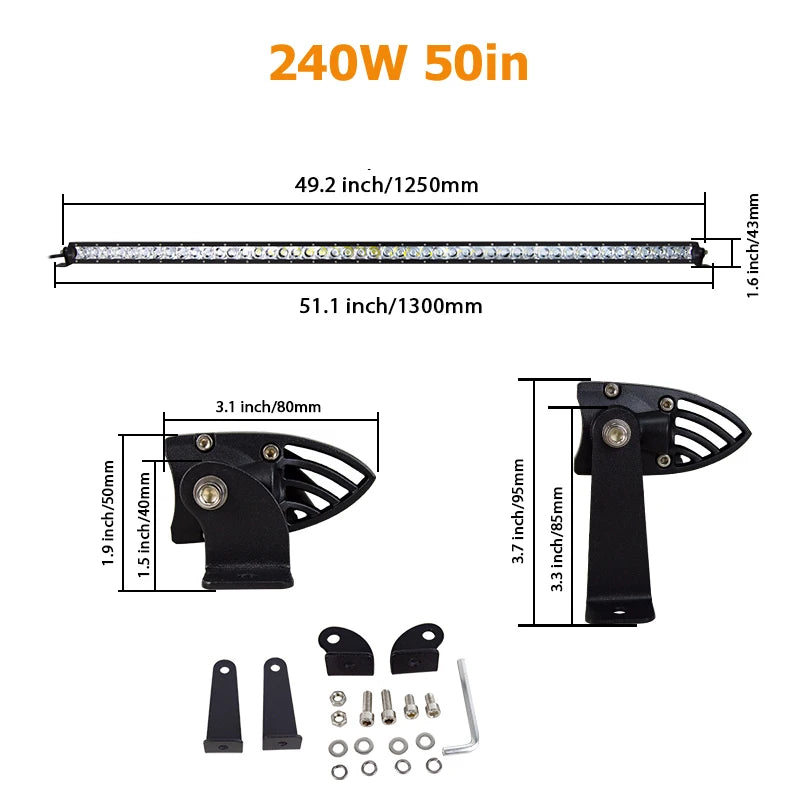 LED light bar assembly including the bar, mounting bracket, and various screws.