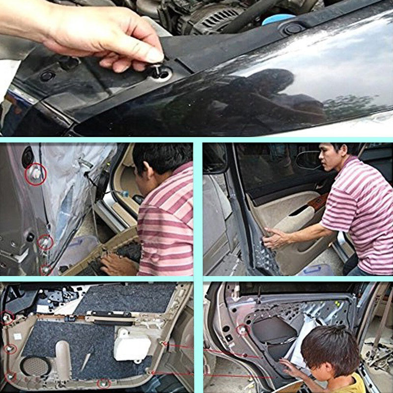 Close-up shots showing the installation of universal vehicle fastener clips and rivets into a car body panel.