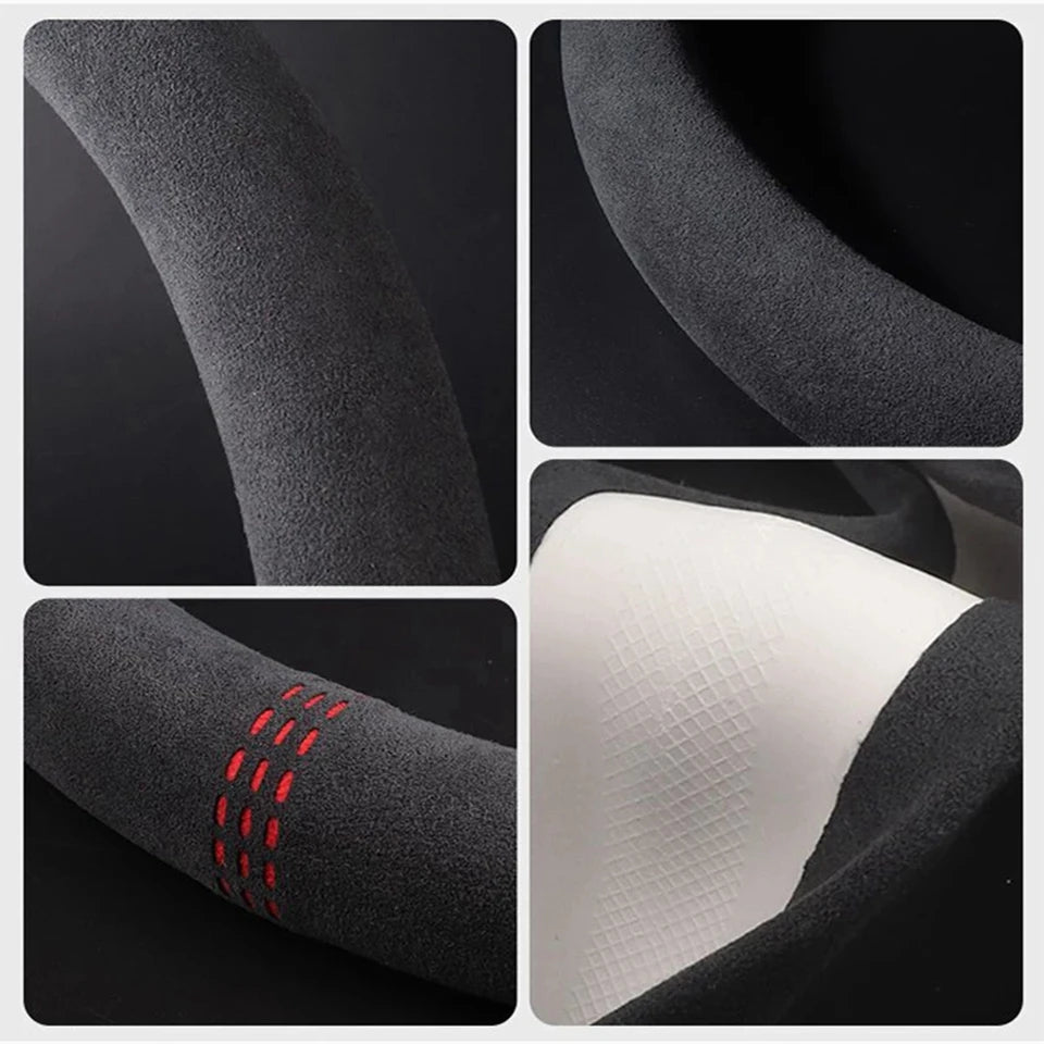Close-up view of black suede steering wheel covers for a VW Golf, showing texture and stitching detail.