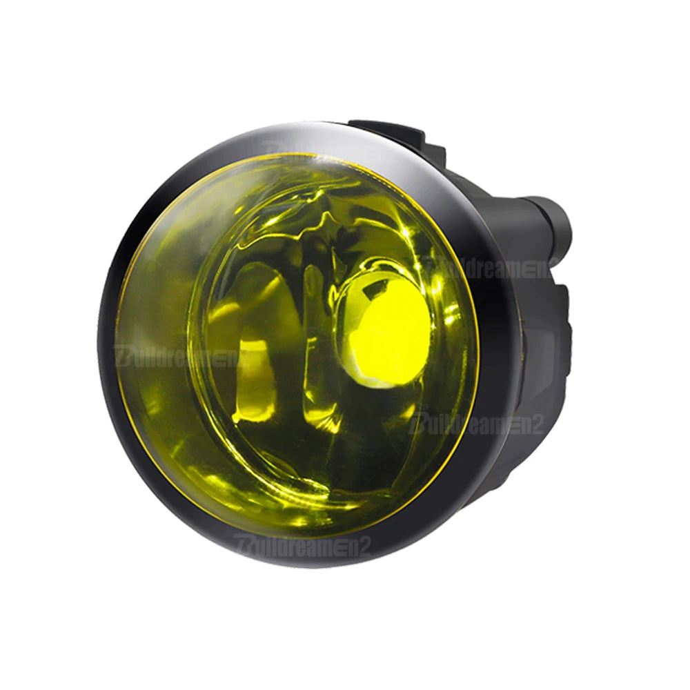 A round yellow halogen fog light assembly with a black housing.