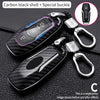 Carbon black shell with a special buckle and a key cover shown on a leather background.