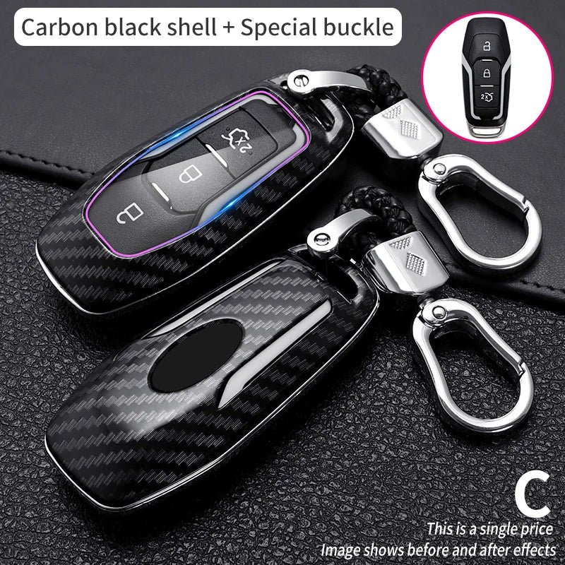 Carbon black shell with a special buckle and a key cover shown on a leather background.