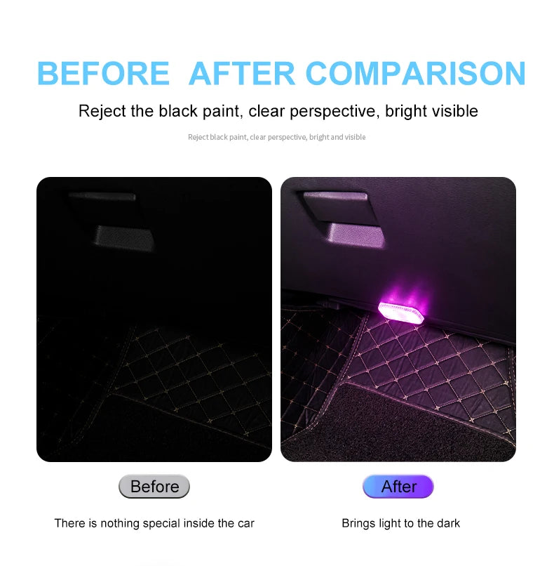 Before and after comparison of mini wireless LED touch car interior lighting showing visibility in the dark
