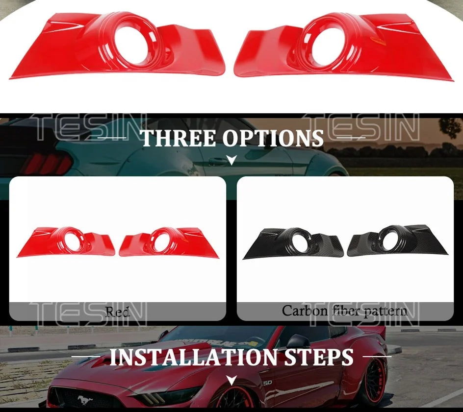 Parachoques delantero de fibra de carbono rojo y negro con opciones de luces antiniebla para Ford Mustang