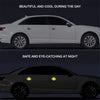 Side view of a white car showing door handle protectors during the day and illuminated lights at night.