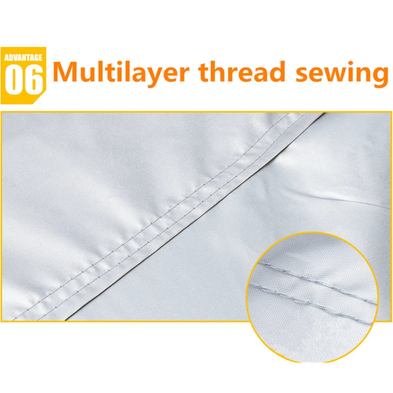Close-up of a silver fabric showing multilayer thread sewing detail on an all-weather car cover.