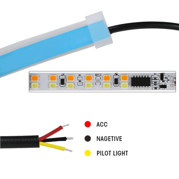 Flexible LED DRL strip lights with a black cable and various indicator lights