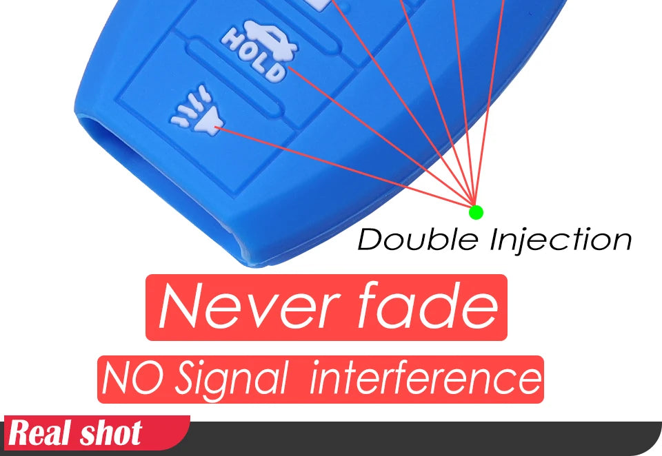 Blue silicone cover for a car key fob demonstrating double injection and features like never fade and no signal interference.