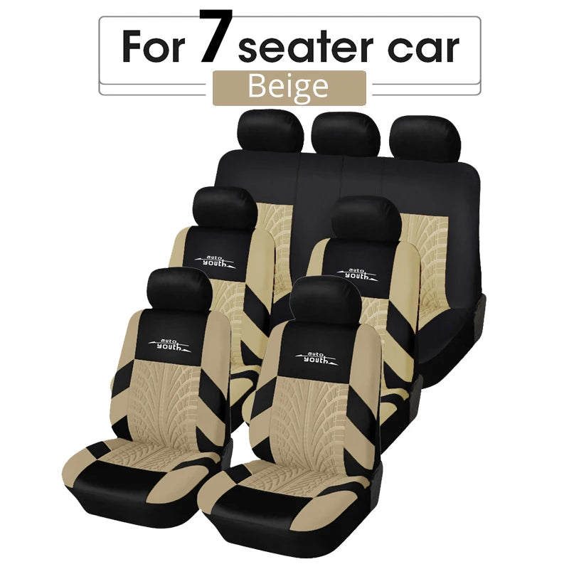 Set of beige and black car seat covers for a 7-seater car.