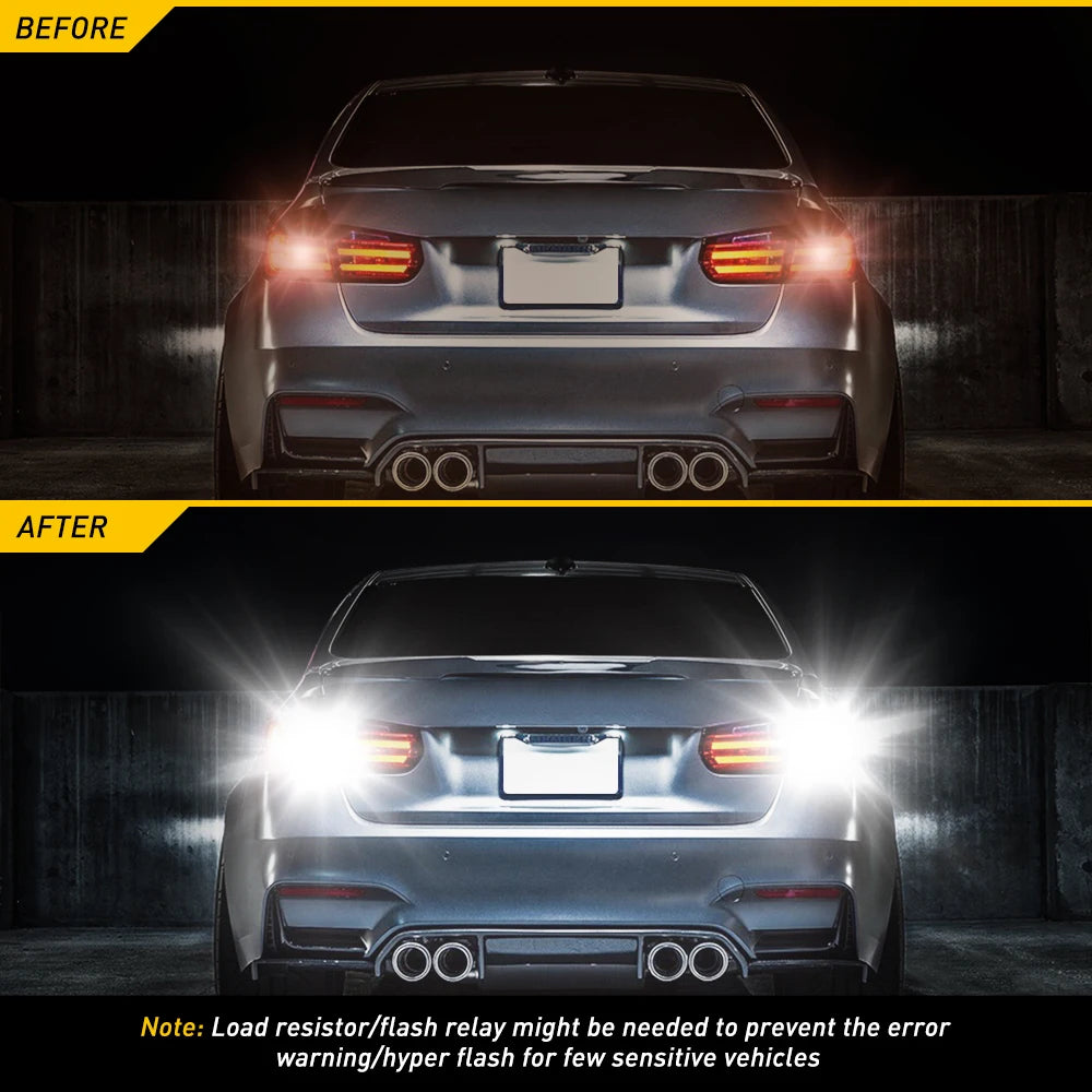 Before and after comparison of a vehicle's taillight and rear light assembly upgrade.
