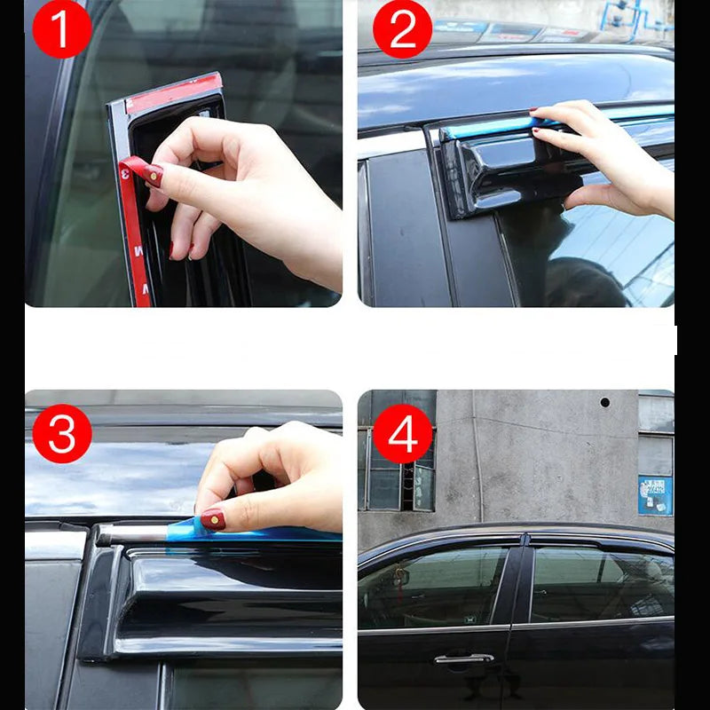 Four steps showing the installation of an aftermarket window visor for a Honda Accord.
