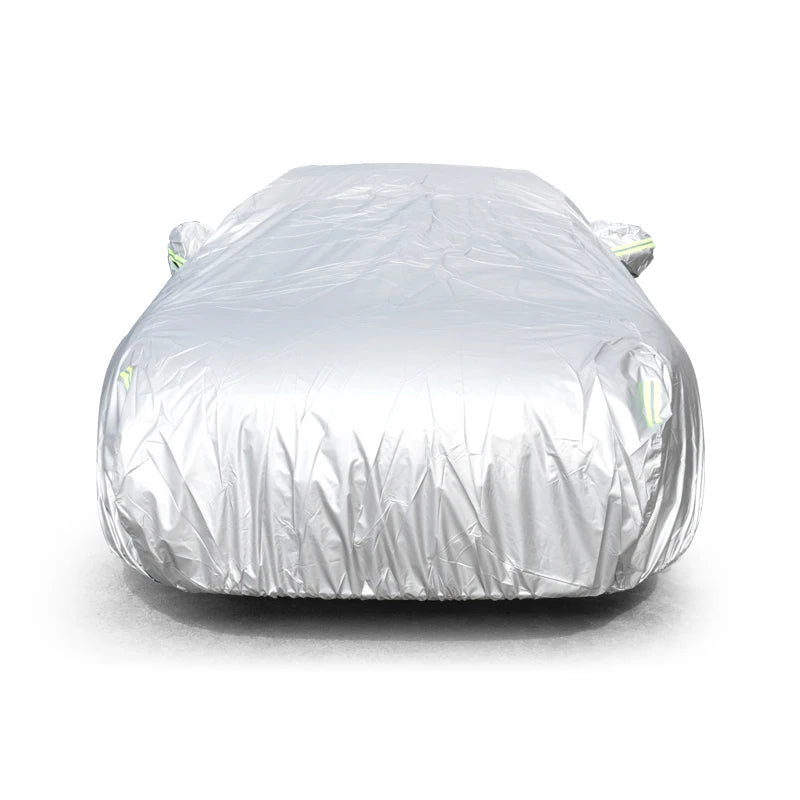 Silver plastic all-weather car cover for a sedan or SUV