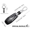 A black carbon fiber car key cover with a silver keychain and ordinary buckle shown in various dimensions.