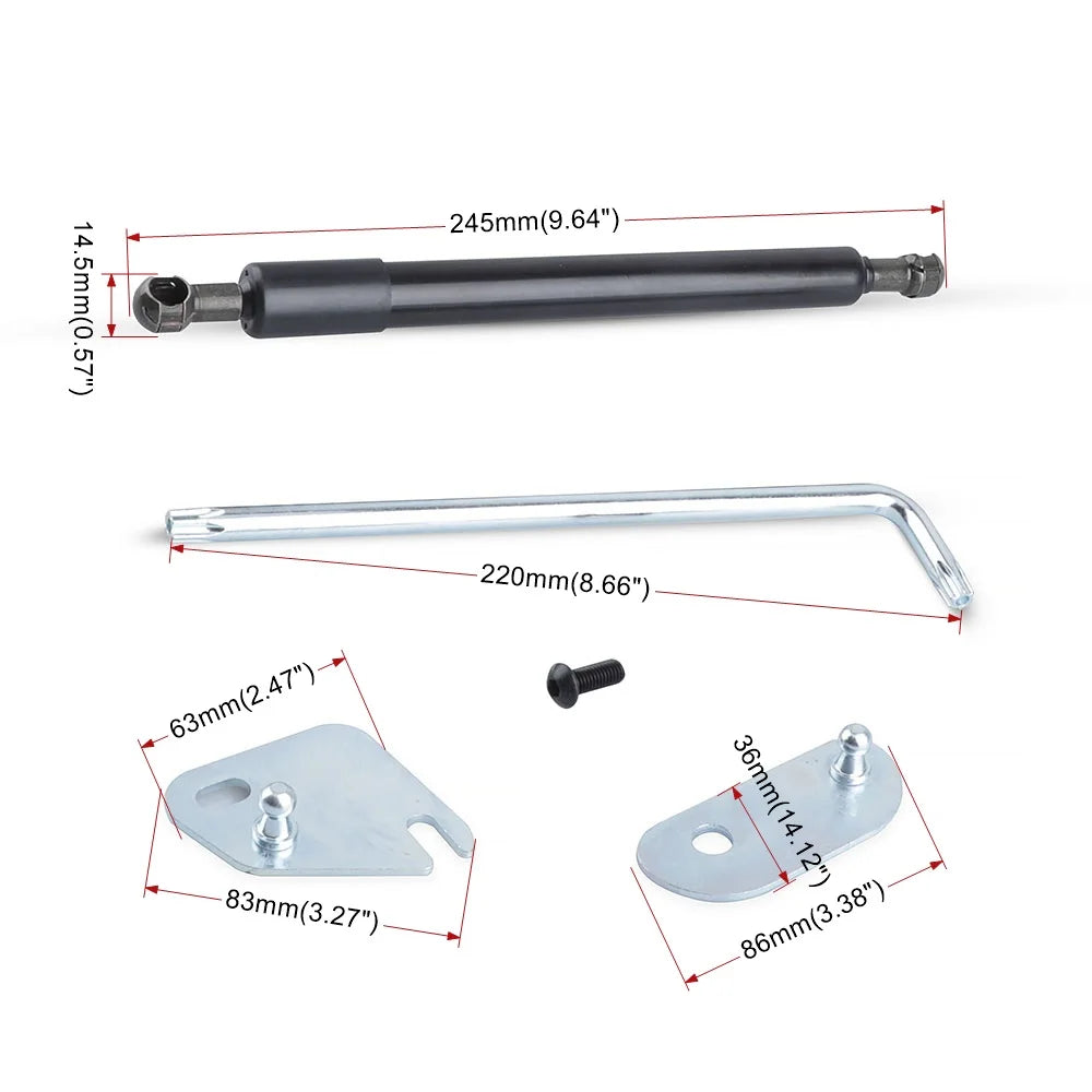 Hydraulic tailgate shock struts for Ford F-150 showing various components including a shock body, a bar, and mounting plates.