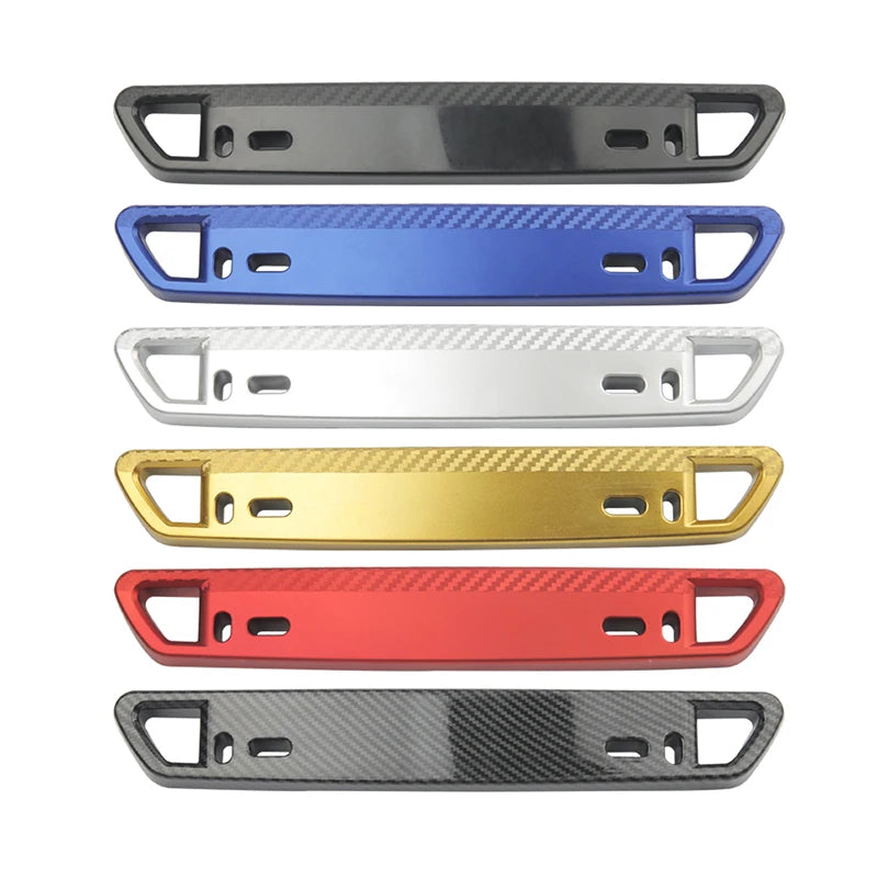 A set of five adjustable universal car license plate holders in various colors including black, blue, silver, gold, and red.