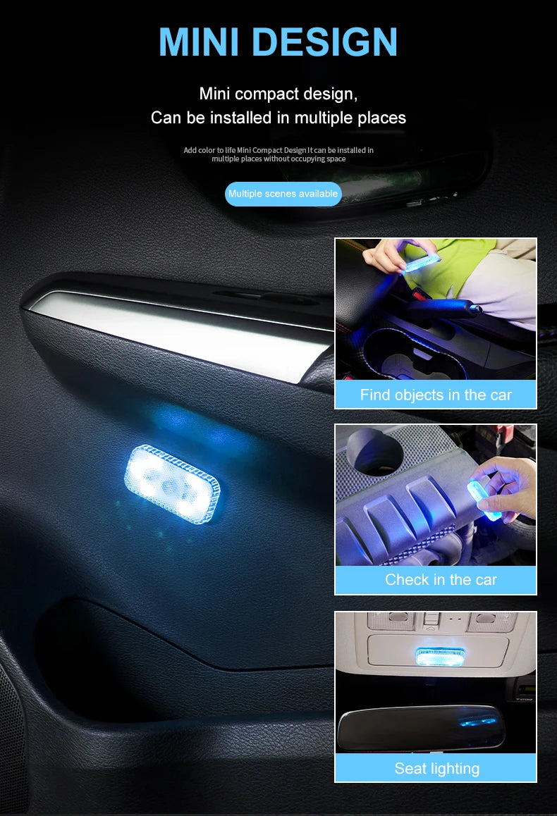 Mini compact design LED light installed in a car interior, showing various lighting functions.