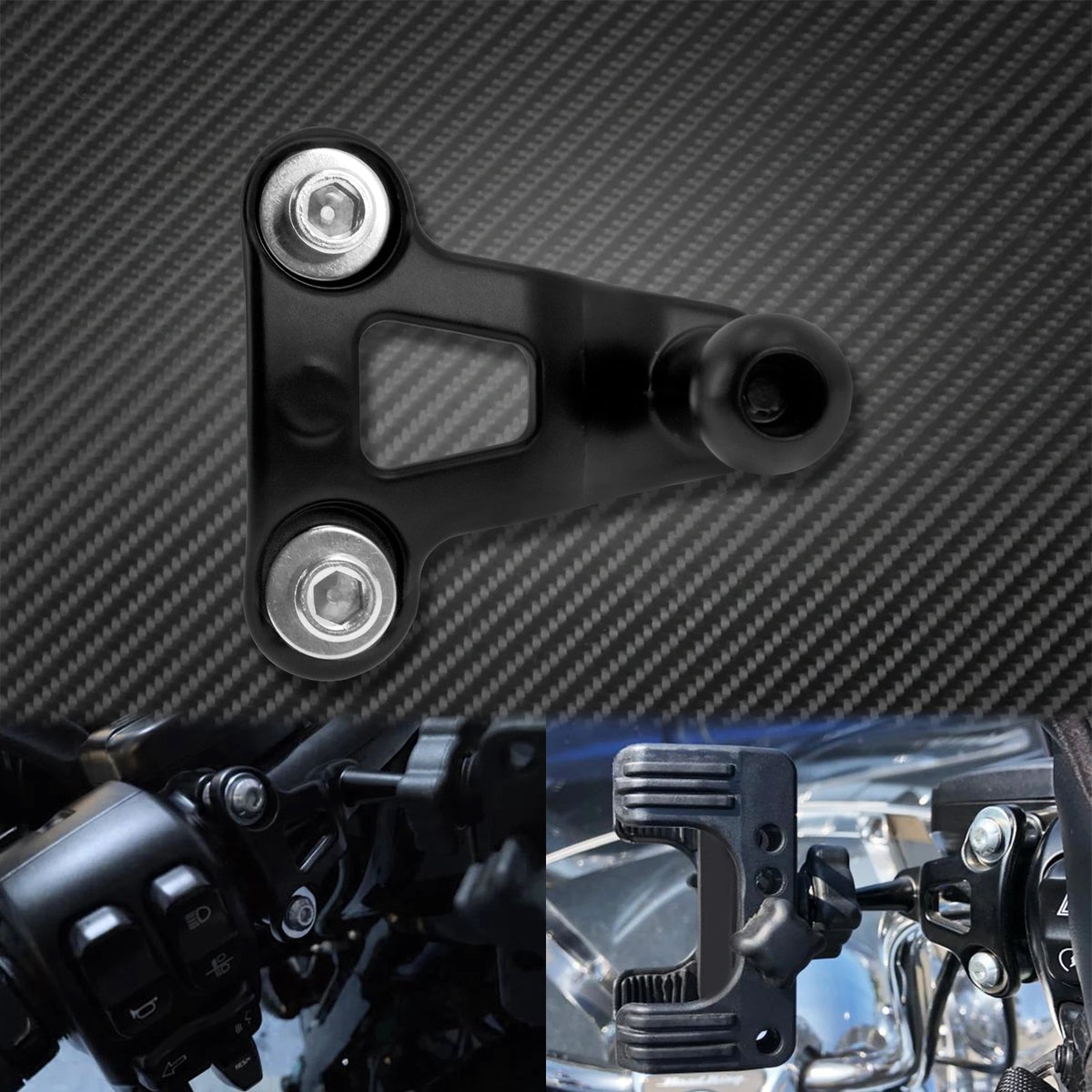 Support universel téléphone moto noir sur fond de fibre de carbone, installé sur une Harley Touring bi