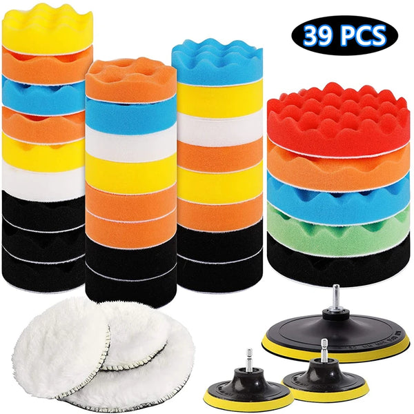 A set of 39 foam polishing sponges and discs for professional car waxing and sealing.